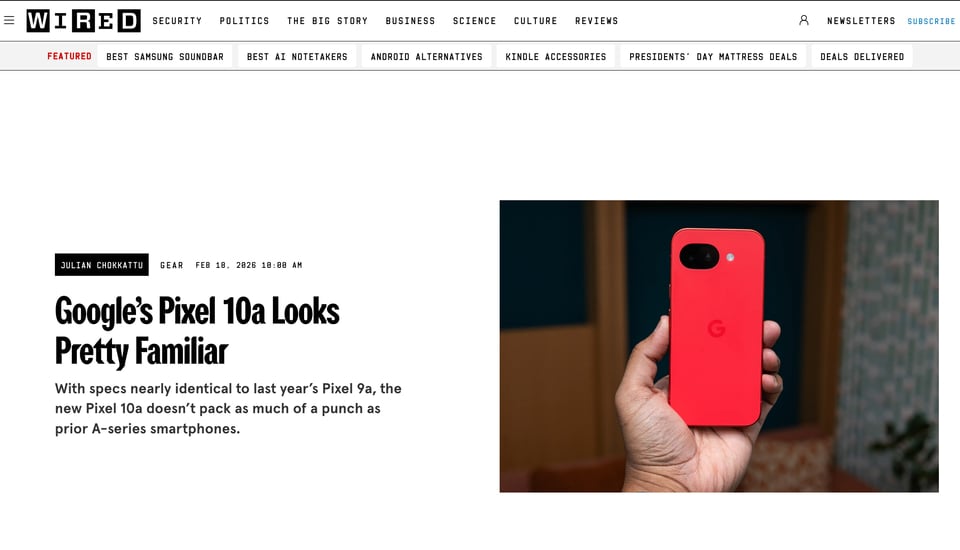 WIRED 픽셀 10a 출시 기사 스크린샷입니다.