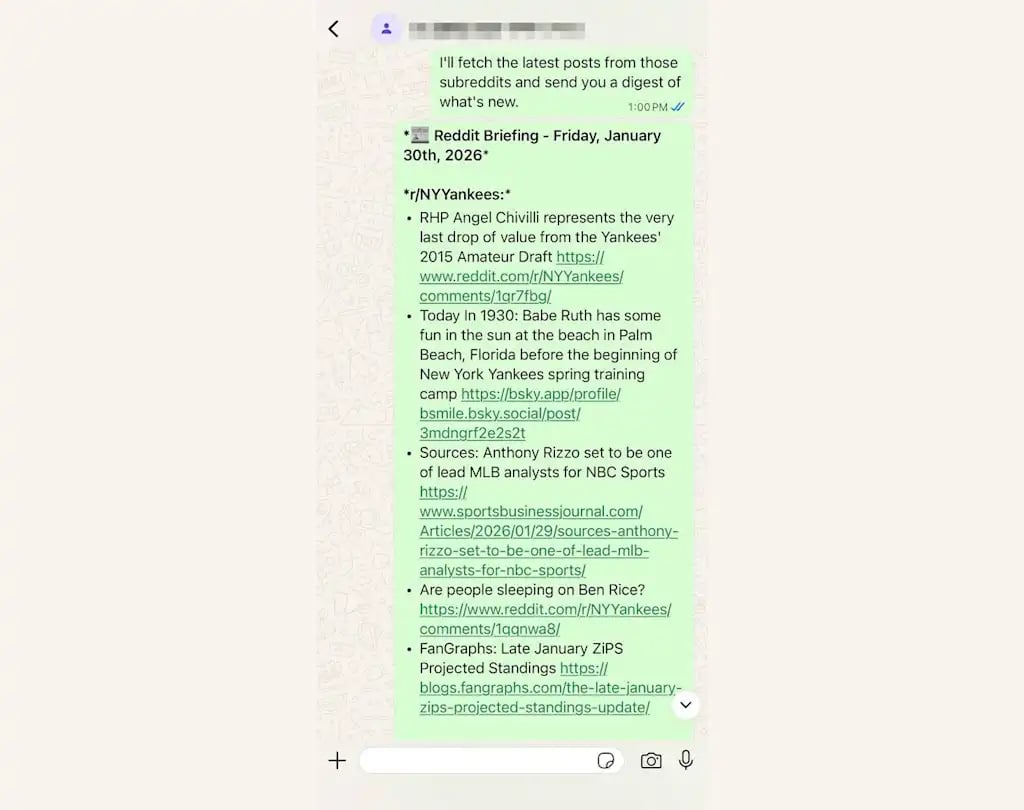 채팅으로 오픈클로와 대화하는 모습